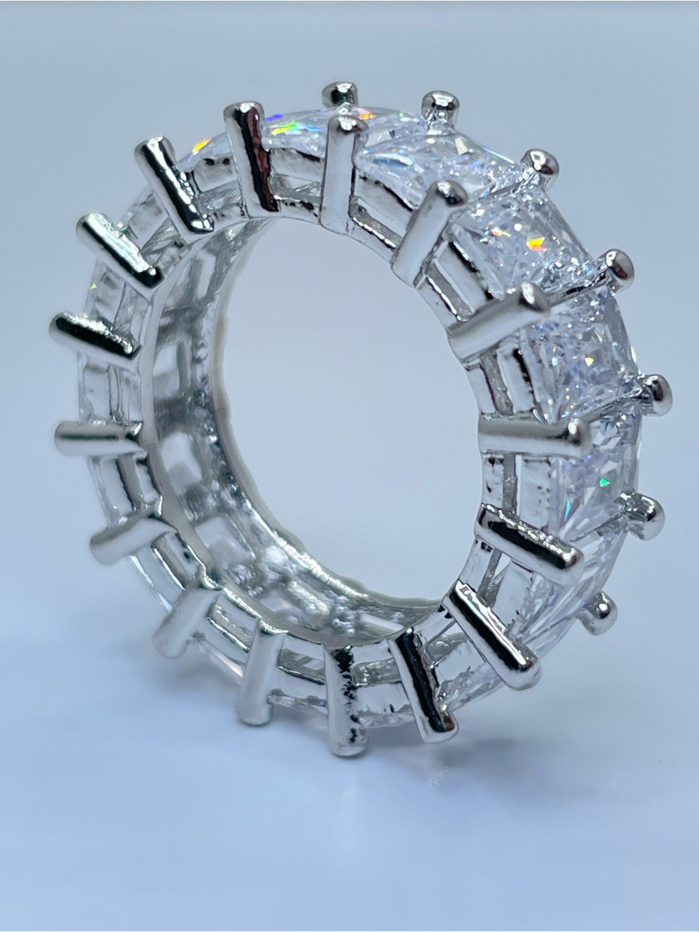Silver Diamond White Princess Cut CZ Eternity Band Chunky Statement Ring